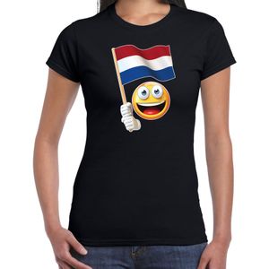 Nederland fan shirt met smiley en Nederlands zwaaivlaggetje zwart voor dames