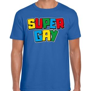 Bellatio Decorations Gay Pride T-shirt voor heren - super gay - blauw - pride - regenboog - LHBTI