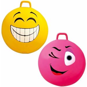 2x stuks speelgoed Skippyballen met funny faces gezicht geel en roze 65 cm