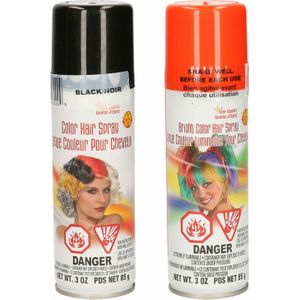 Haarverf/haarspray - 2x - oranje/zwart - spuitbus - 125 ml - Carnaval/Halloween