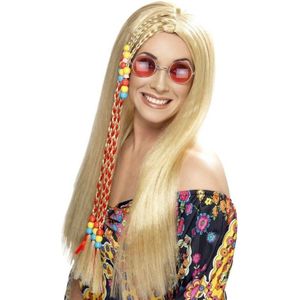 Lange blonde hippie sixties pruik met vlechtjes