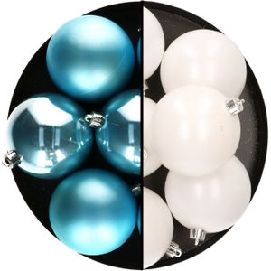 Decoris kerstballen - 12x st - 8 cm - wit en blauw - kunststof