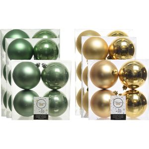 Kerstversiering kunststof kerstballen mix salie groen/goud 6-8-10 cm pakket van 44x stuks