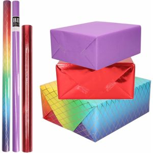 9x Rollen kraft inpakpapier regenboog pakket - regenboog/metallic rood/paars 200 x 70/50 cm