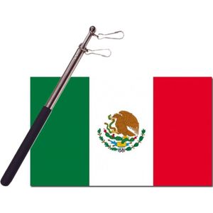 Landen vlag Mexico - 90 x 150 cm - met compacte draagbare telescoop vlaggenstok - supporters