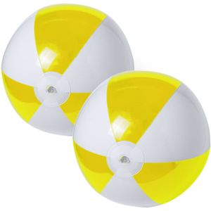 2x stuks opblaasbare strandballen plastic geel/wit 28 cm