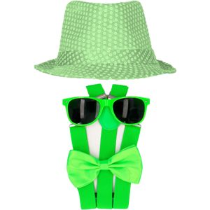 Carnaval verkleed set compleet - hoedje/bretels/bril/strikje - fluor groen - heren/dames - glimmend