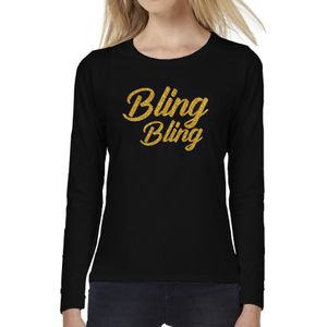 Bellatio Decorations Glitter en Glamour feest longsleeve shirt dames - bling bling goud - zwart - feestkleding