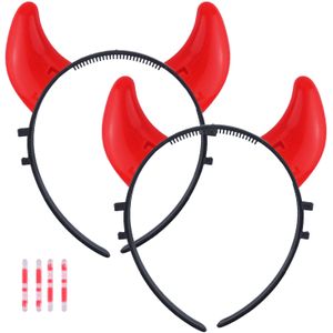 Halloween duivel hoorntjes - 2x - glow in the dark - diadeem - rood - kunststof