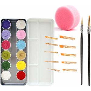 Schmink/grimeer palet van 12 kleuren met penselen en kwastjes/sponsjes