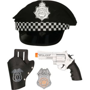 Carnaval verkleed politiepet - zwart - met pistool/badge - heren/dames - verkleedkleding accessoires