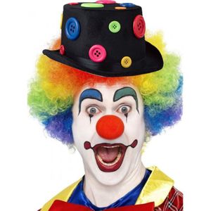 Clown verkleed set gekleurde pruik met hoed zwart met knopen