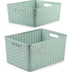Set van 5x stuks opbergboxen/opbergmandjes rotan mintgroen kunststof met inhoud 12 en 18 liter