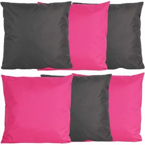 Bank/tuin kussens set - voor binnen/buiten - 6x stuks - fuchsia roze/antraciet grijs - 45 x 45 cm
