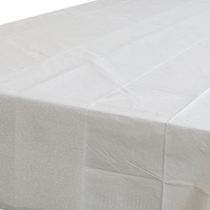 Wit tafelkleed 274 x 137 cm met witte tafelloper met glitters voor de kersttafel