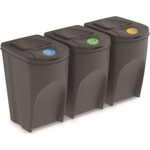 Set van 3x kunststof afvalscheidingsbakken grijs van 35 liter