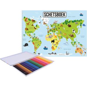 A4 aarde/wereldmap schetsboek/ tekenboek/ kleurboek/ schetsblok wit papier met 36x kleurpotloden