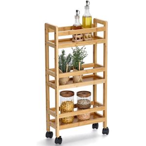 Zeller Keuken Trolley - met 3 niveaus - bruin - bamboe hout - 36 x 15 x 74 cm - 4 zwenkwielen