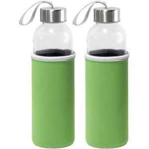 4x Stuks glazen waterfles/drinkfles met groene softshell bescherm hoes 520 ml
