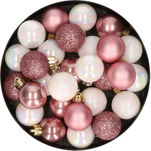 28x stuks kunststof kerstballen parelmoer wit en oud roze mix 3 cm