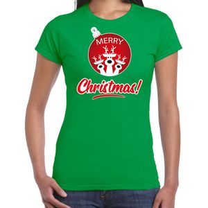 Groen Kerstshirt / Kerstkleding Merry Christmas voor dames met rendier kerstbal