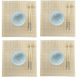 16-delige sushi serveer set aardewerk voor 4 personen licht blauw/wit - Sushi servies