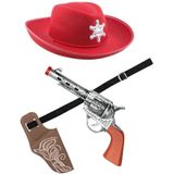 Verkleed cowboy hoed rood/holster met een revolver voor kinderen