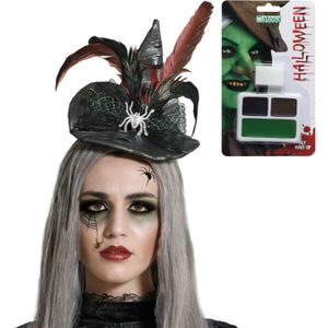 Verkleed setje heks - Mini hoed op diadeem en schmink setje - Carnaval/Halloween thema