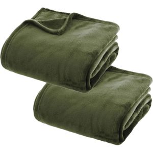 2x Stuks Fleece Deken/Fleeceplaid Olijf Groen 130 X 180 cm Polyester - Bankdeken - Fleece Deken