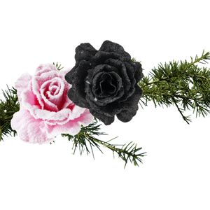 Cosy &amp; Trendy Kerst bloemen op clip - 2x st - roze en zwart - 10 cm