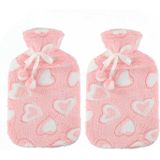 Warmwaterkruiken 2 liter met zachte fleece hoes roze/hartjes 2x stuks