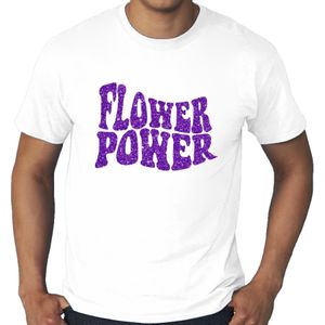 Toppers Wit t-shirt in grote maat heren met tekst Flower Power in paarse glitter letters