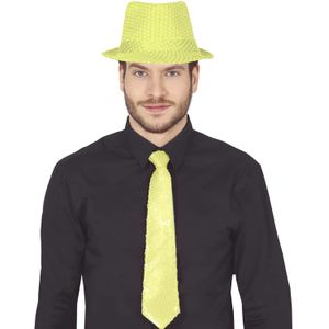 Fiestas Guirca Carnaval verkleed stropdas en hoed - neon geel - pailletten - volwassenen
