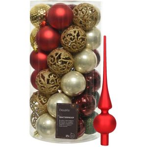 Kunststof kerstballen 37x- rood/goud/parel/groen - 6cm -en glazen piek