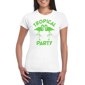 Bellatio Decorations Tropical party T-shirt dames - met glitters - wit/groen - carnaval/themafeest