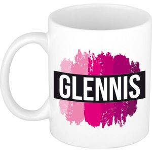 Glennis  naam / voornaam kado beker / mok roze verfstrepen - Gepersonaliseerde mok met naam