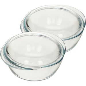 2x Ronde glazen ovenschalen met deksel 2,1 liter 22 x 13 x 5 cm - Ovenschaal/braadslede - Ovenschotel schalen - Bakvorm