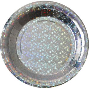 Santex feest wegwerpbordjes - glitter - 10x stuks - 23 cm - zilver