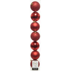 7x stuks kunststof kerstballen rood 8 cm glans/mat/glitter