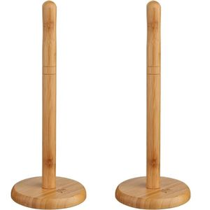 2x Stuks ronde keukenrolhouder naturel 12,5 x 32 cm van bamboe hout - Keukenpapier houder - Keukenrol houder
