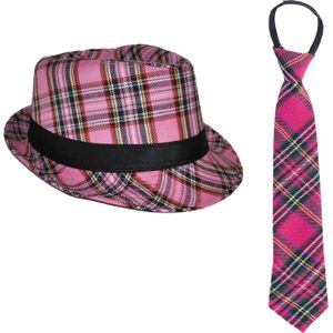 Carnaval Schotse ruit thema verkleed set - hoedje en stropdas - roze tartan - heren