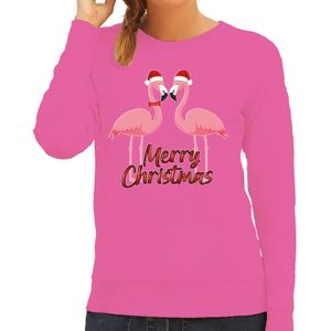 Bellatio Decorations Foute Kersttrui voor dames - flamingo - roze