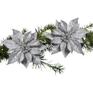 2x stuks kerstboom bloemen op clip zilveren kerstster 18 cm