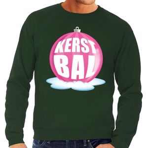 Foute feest kerst sweater met roze kerstbal op groene sweater voor heren