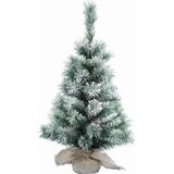 Mini kerstboom besneeuwd met verlichting - in jute zak - H60 cm - kleur mix groen