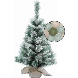 Mini kerstboom besneeuwd met verlichting - in jute zak - H60 cm - kleur mix groen
