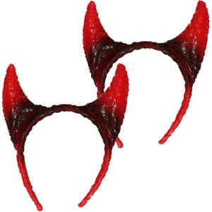Halloween diadeem - 2x - duivel hoorntjes - rood/zwart - kunststof - tiara/haarband