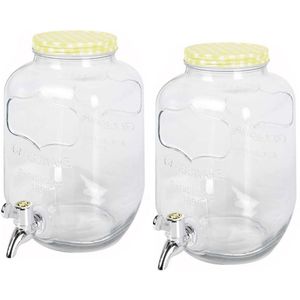 2x stuks glazen drankdispensers/limonadetap met geel/wit geblokte dop 4 liter