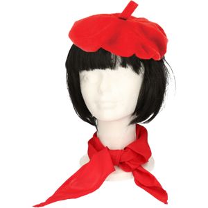 Franse baret en sjaaltje - rood - polyester - voor volwassenen - Carnaval accessoires