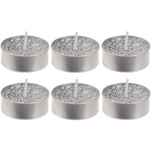 6x Zilveren glitter waxinelichtjes/theelichtjes 6 cm - Zilveren kersttafel kaarsen